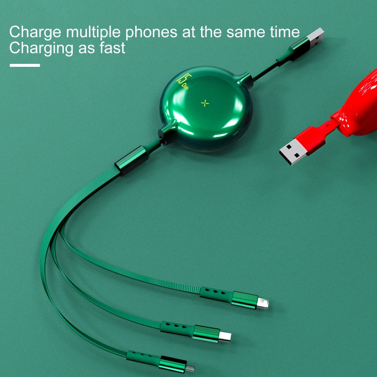 WK WDC-124 3A 3 In 1 8 Pin + Type-C / USB-C + Micro USB Bona Series Telescopic Charging Data Cable, Length: 1.5m (Green) by WK