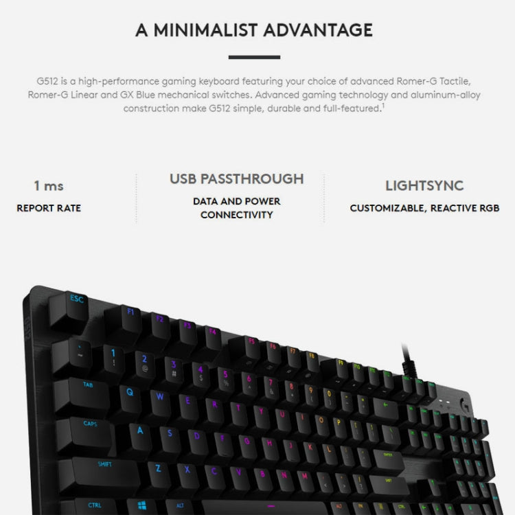 Logitech G512 RGB L-axis Mechanical Wired Gaming Keyboard, Length: 1.8m (Black) by Logitech
