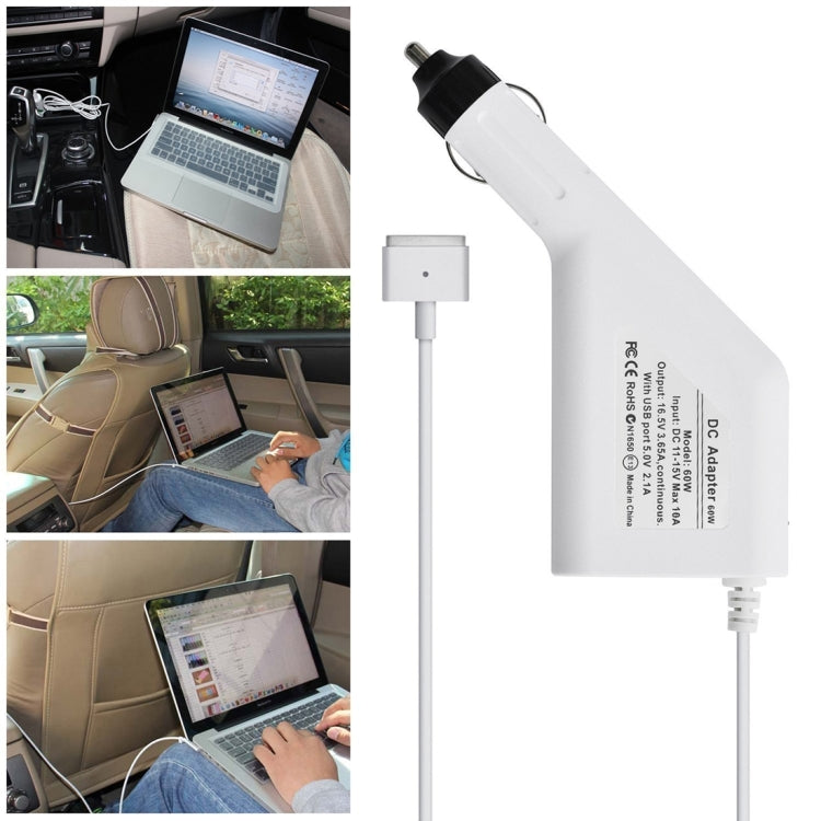 60W 16.5V 3.65A 5 Pin T Style MagSafe 2 Car Charger with 1 USB Port for Apple Macbook A1465 / A1502 / A1435 / MD212 / MD2123 / MD662, Length: 1.7m(White) by buy2fix