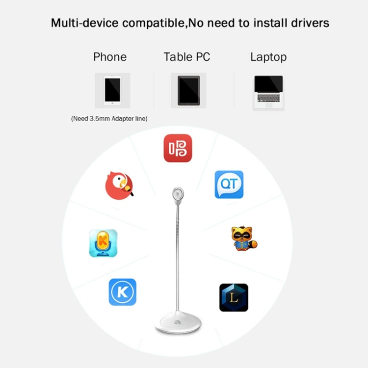 BK Desktop Gooseneck Adjustable USB Wired Audio Microphone, Built-in Sound Card, Compatible with PC / Mac for Live Broadcast, Show, KTV, etc.(White) by buy2fix