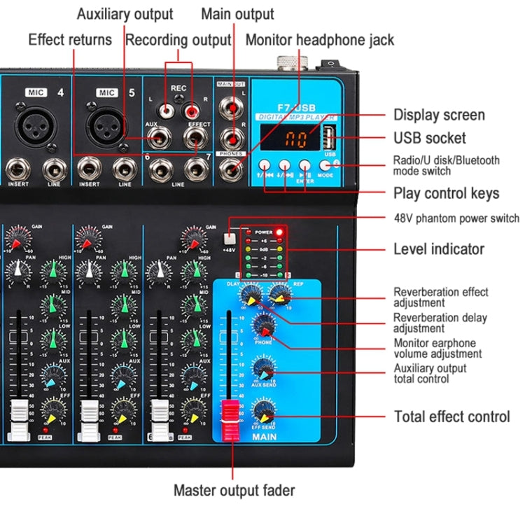 F7 Home 7-channel Bluetooth USB Reverb Mixer, EU Plug(Black) by buy2fix