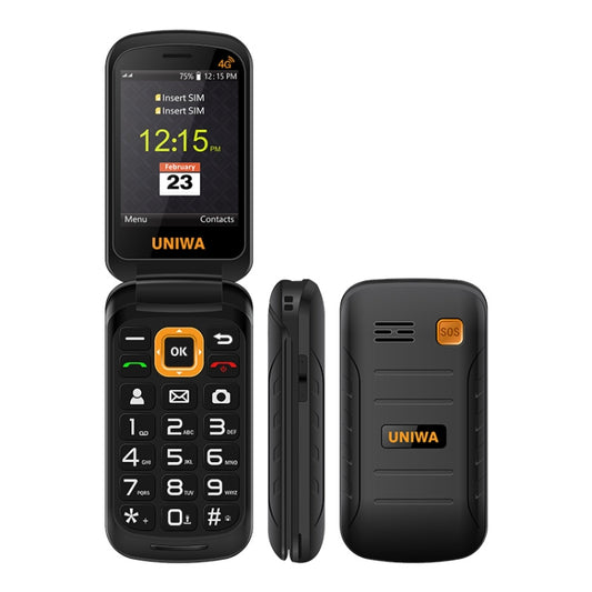 UNIWA V909T Flip Phone, 2.8 inch + 1.77 inch, UNISOC Tiger T107, Support Bluetooth, FM, Network: 4G, SOS, with Charge Dock Base(Black) by UNIWA