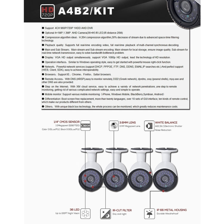 A4B2 4Ch Bullet IP Camera NVR Kit, Support Night Vision / Motion Detection, IR Distance: 20m by buy2fix