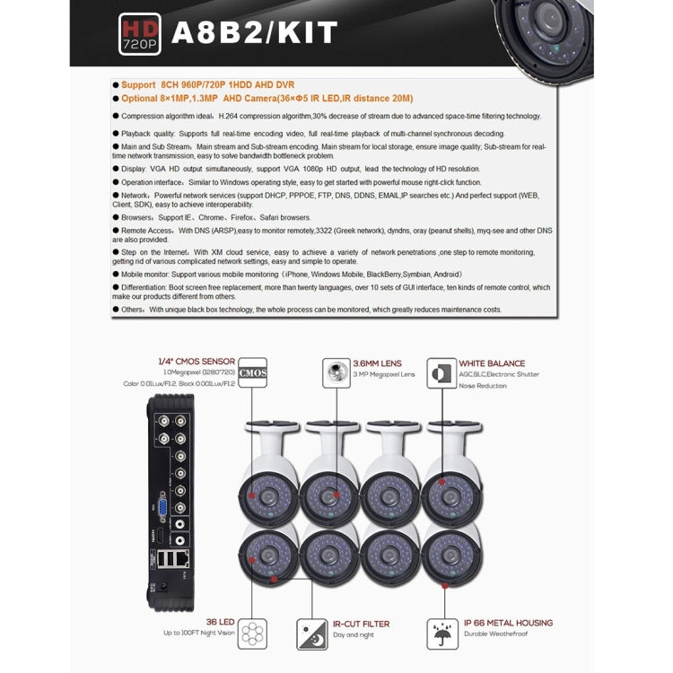 A8B2 8Ch Bullet IP Camera NVR Kit, Support Night Vision / Motion Detection, IR Distance: 20m by buy2fix