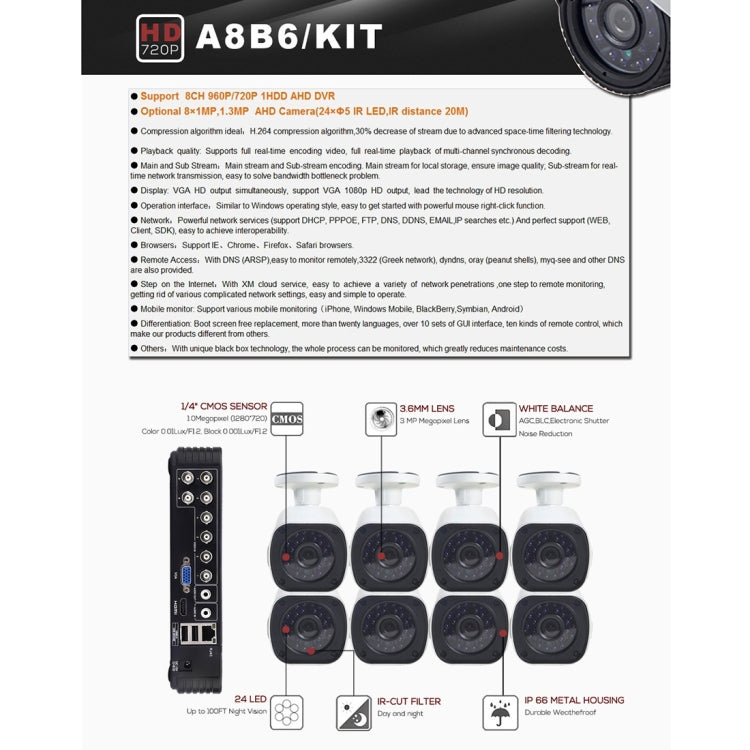 A8B6 8Ch Bullet IP Camera NVR Kit, Support Night Vision / Motion Detection, IR Distance: 15m by buy2fix