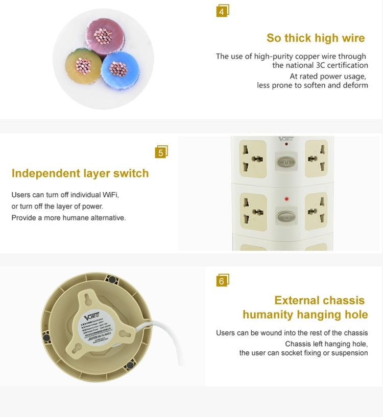 VONETS WiFi-SB-L3 3 Layers with 8 Outlets + 2 USB Ports + RJ45 Port 300Mbps WiFi Repeater Smart Power Sockets, EU Plug, Cable Length: 2m(Gold) by VONETS