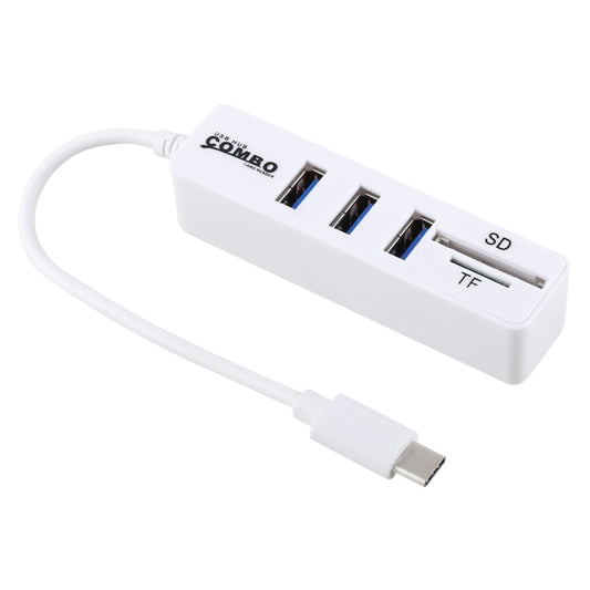 2 in 1 TF & SD Card Reader + 3 x USB Ports to USB-C / Type-C HUB Converter, Total Length: 24cm(White) by buy2fix
