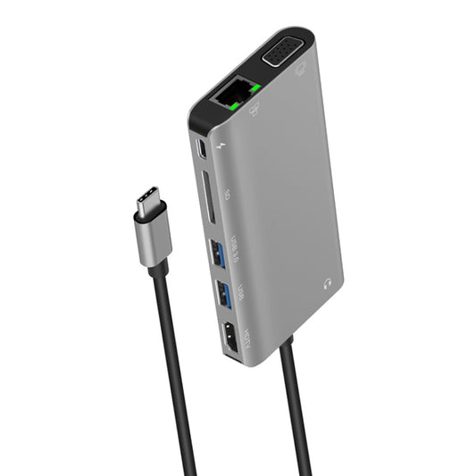 Onten 9591BD 8 in 1 USB-C / Type-C to PD USB-C / Type-C Charging + 100M Ethernet Port + Dual USB 3.0 + HDMI + VGA + SD Card Slot + 3.5mm AUX HUB (Grey) by Onten