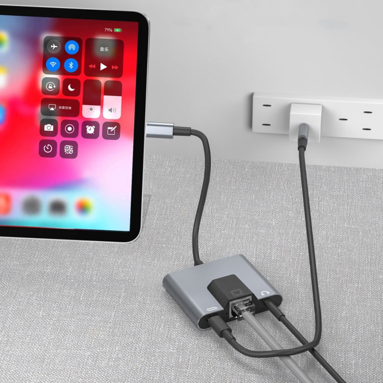 NK-1056TC 3 in 1 USB-C / Type-C Male to USB-C / Type-C Charging + Ethernet + 3.5mm Earphone Female Adapter by buy2fix