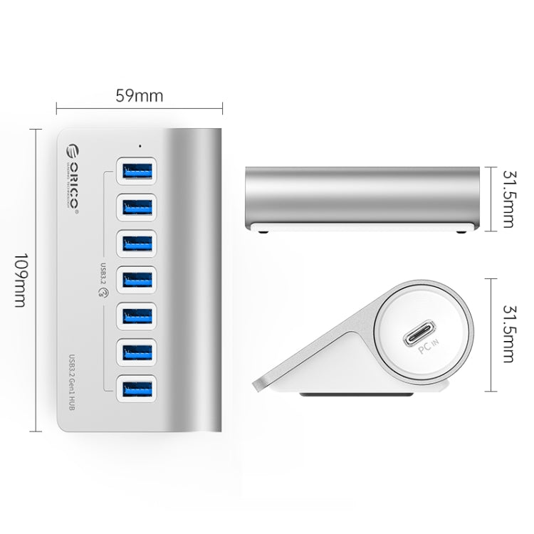 ORICO M3U7 Aluminum Alloy 7-Port USB 3.2 Gen1 5Gbps HUB with 0.5m Cable(Silver) by ORICO