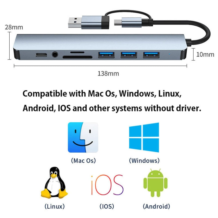 BYL-2218TU 8 in 1 USB + USB-C / Type-C to USB Multifunctional Docking Station HUB Adapter by buy2fix
