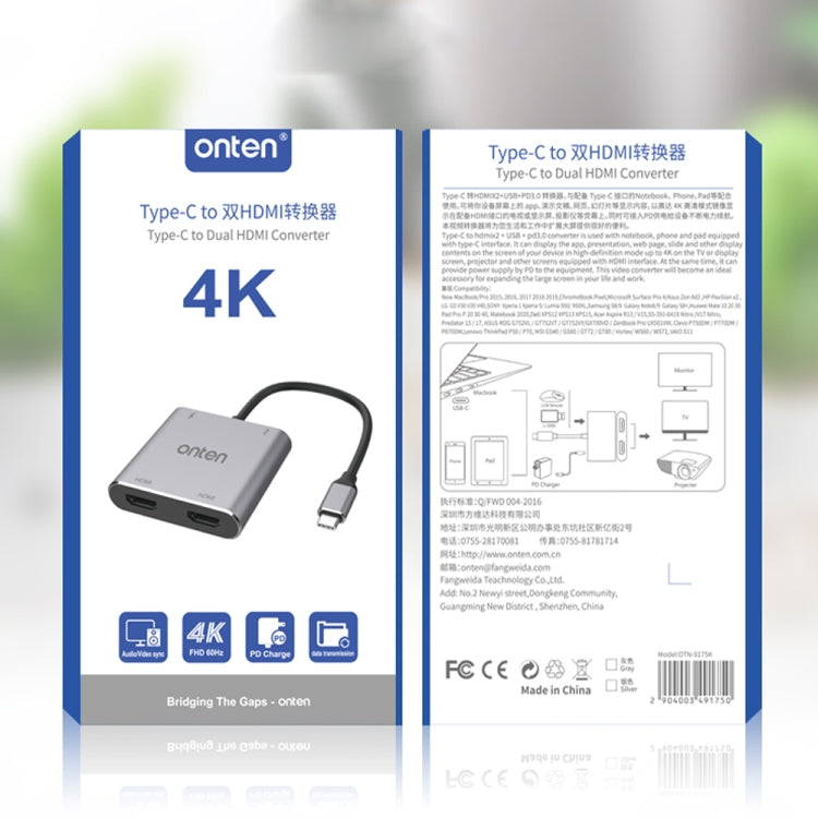 Onten 9175K 4 in 1 USB-C / Type-C to Dual HDMI + USB 3.0 + PD3.0 USB-C / Type-C Charging Port 4K HD Video Converter by Onten