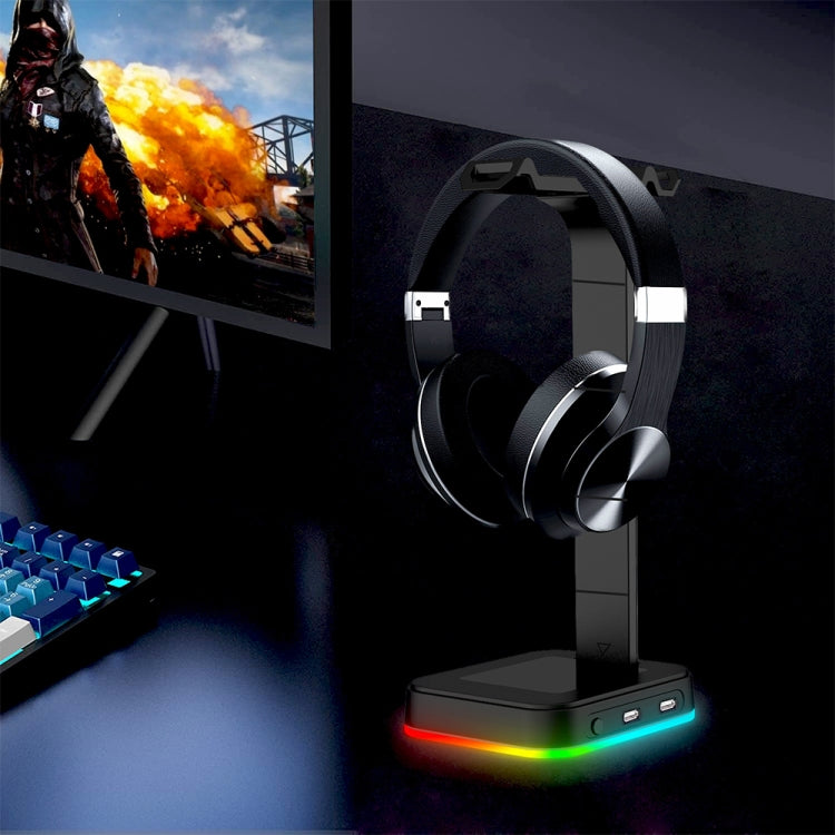 RGBD9 Colorful Glowing Gaming Headset Display Stand with Charging + Data Transmission Dual USB Interface (Black) by buy2fix