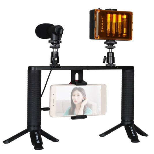 PULUZ 4 in 1 Vlogging Live Broadcast LED Selfie Light Smartphone Video Rig Handle Stabilizer Aluminum Bracket Kits with Microphone + Tripod Mount + Cold Shoe Tripod Head by PULUZ