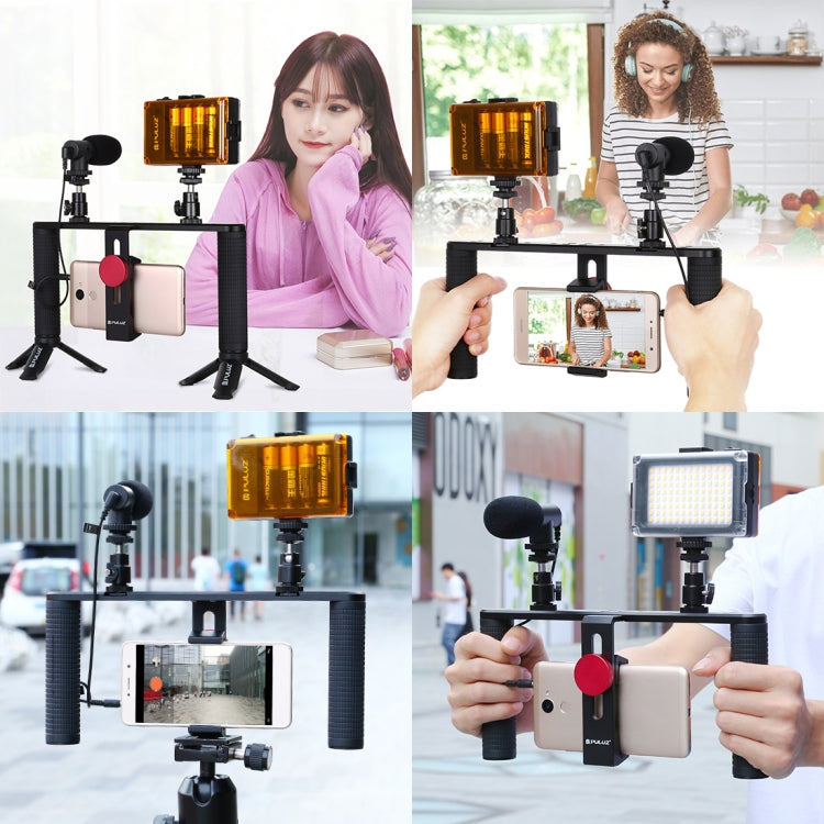 PULUZ 4 in 1 Vlogging Live Broadcast LED Selfie Light Smartphone Video Rig Handle Stabilizer Aluminum Bracket Kits with Microphone + Tripod Mount + Cold Shoe Tripod Head by PULUZ