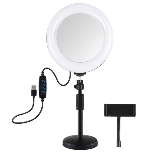 PULUZ 7.9 inch 20cm Mirror Light + Round Base Desktop Mount 3 Modes Dimmable Dual Color Temperature LED Curved Light Ring Vlogging Selfie Photography Video Lights with Phone Clamp(Black) by PULUZ