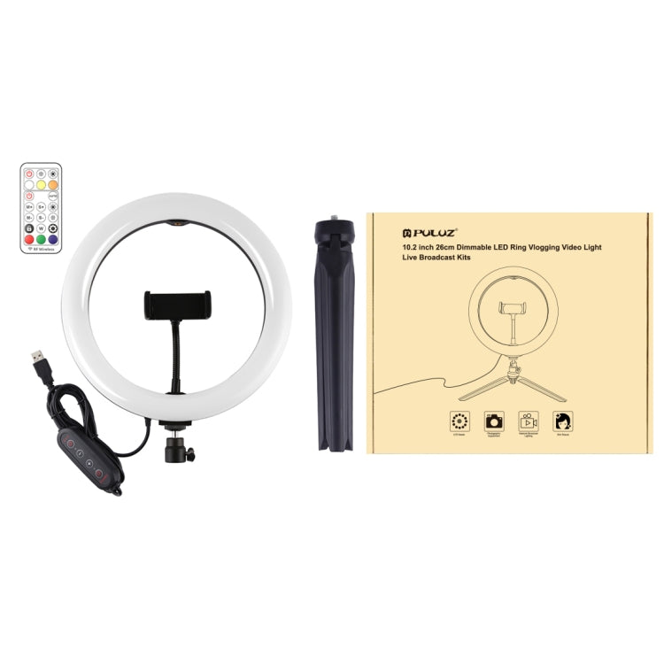 PULUZ 10.2 inch 26cm Marquee LED RGBWW Selfie Beauty Light + Desktop Tripod Mount 168 LED Dual-color Temperature Dimmable Ring Vlogging Photography Video Lights with Cold Shoe Tripod Ball Head & Remote Control & Phone Clamp(Black) by PULUZ