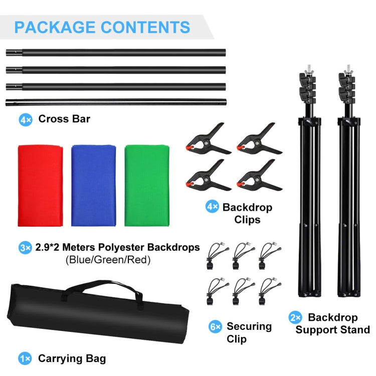 PULUZ 2.9x2m Photo Studio Background Support Stand Backdrop Crossbar Bracket Kit with Red / Blue / Green Polyester Backdrops by PULUZ