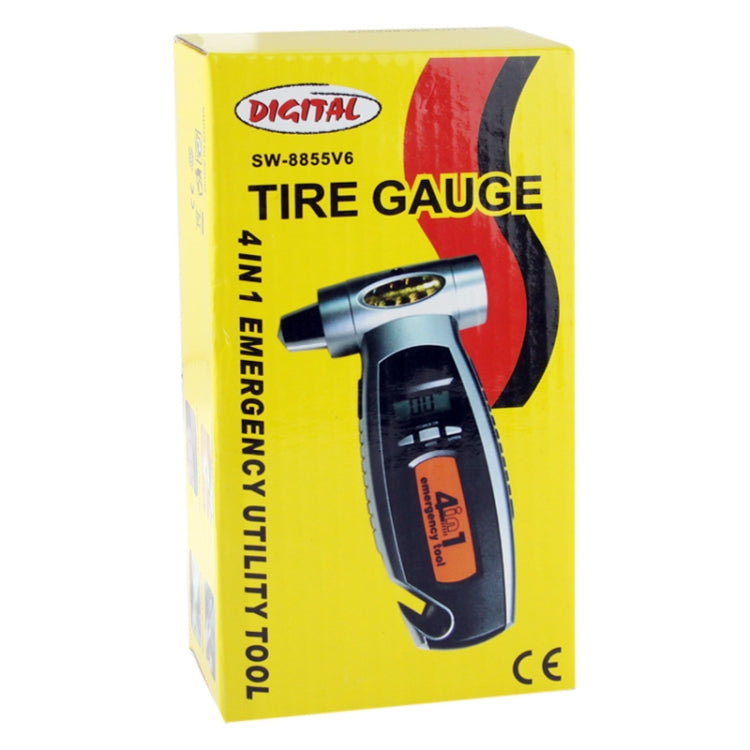 4 in 1 (Digital Tire Gauge + Flashlight + Emergency Hammer + Emergency Seat Belt Cutter) Emergency Utility Tool(Silver) by buy2fix