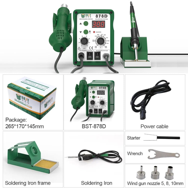 BEST BST-878D 2 in 1 AC 220V 700W LED Displayer Helical Wind Adjustable Temperature Unleaded Hot Air Gun + Solder Station & Soldering Iron, EU Plug(Green) by BEST
