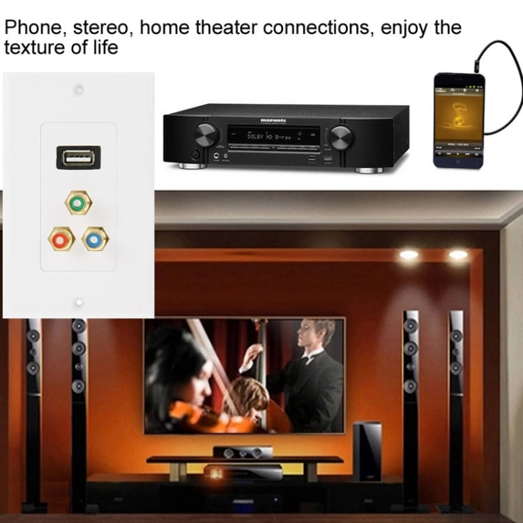 USB 2.0 Female Plug + 3 RCA Female Plugs Wall Plate Panel by buy2fix