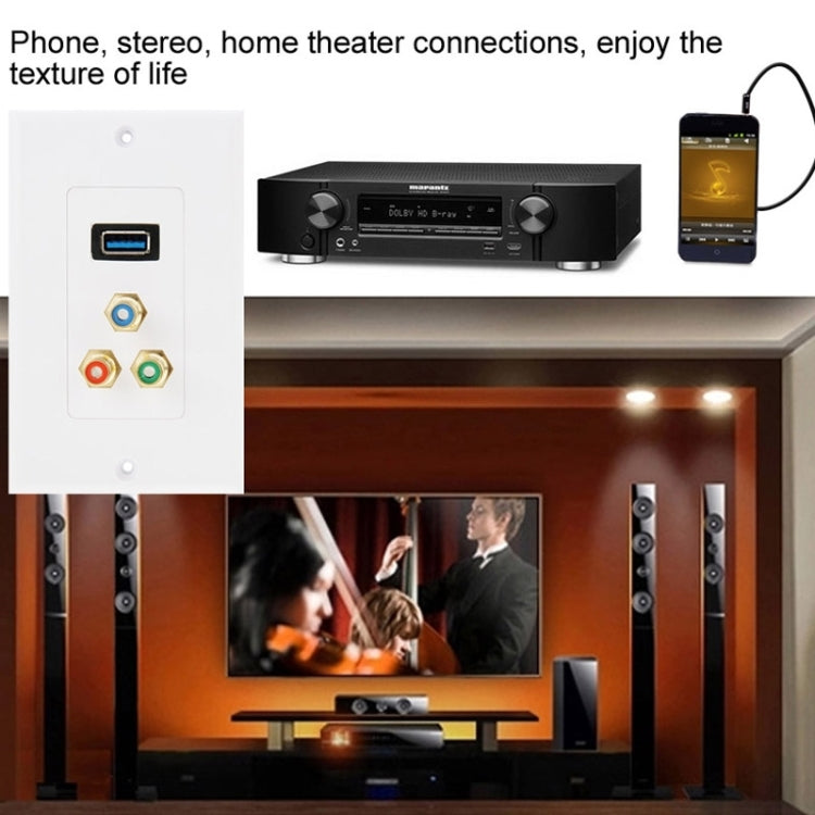 USB 3.0 Female Plug + 3 RCA Female Plugs Wall Plate Panel by buy2fix