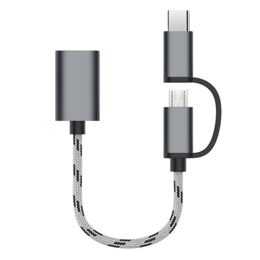 USB 3.0 Female to Micro USB + USB-C / Type-C Male Charging + Transmission OTG Nylon Braided Adapter Cable, Cable Length: 17cm (Grey) by buy2fix
