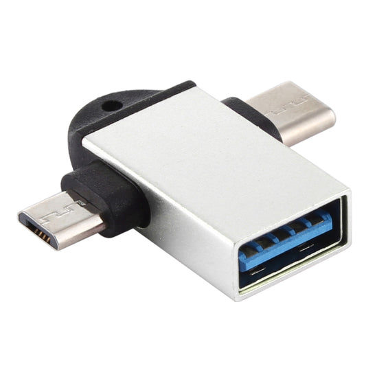 USB 3.0 Female to USB-C / Type-C Male + Micro USB Male Multi-function OTG Adapter with Sling Hole (Silver) by buy2fix