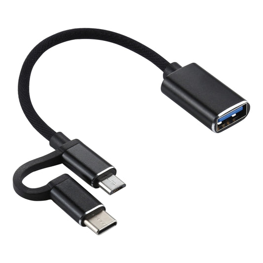 USB 3.0 Female to Micro USB + USB-C / Type-C Male Charging + Transmission OTG Nylon Braided Adapter Cable, Cable Length: 11cm(Black) by buy2fix