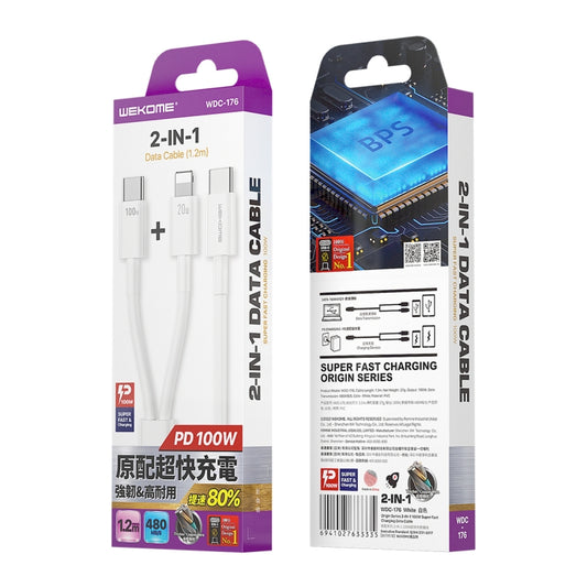 WK WDC-176 100W 2 in 1 USB-C/Type-C to USB-C/Type-C+8 Pin Multifunctional Fast Charging Data Cable,Length: 1.2m by WK