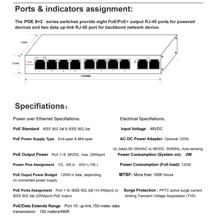 ESCAM POE 8+2 10-Port Fast Ethernet Switch 8-Port POE 10/100M 120W Network Switch, Transmission Distance: 150m(Blue) by ESCAM
