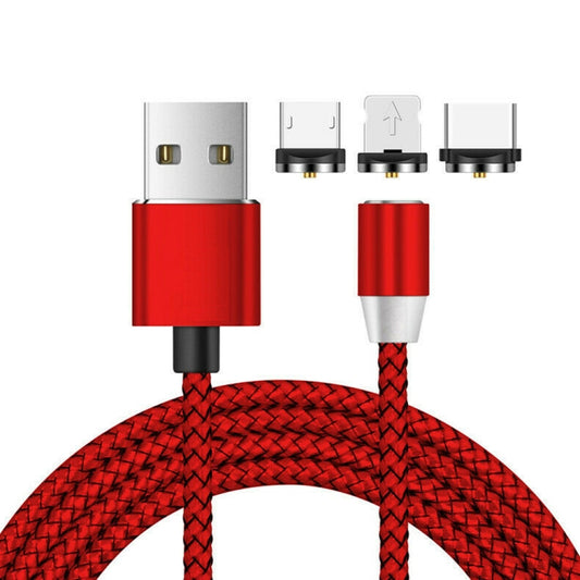 3 in 1 USB to 8 Pin + Type-C/USB-C + Micro USB Magnetic Metal Interface Nylon Braided Charging Cable, Length: 1m(Red) by buy2fix