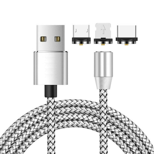 3 in 1 USB to 8 Pin + Type-C/USB-C + Micro USB Magnetic Metal Interface Nylon Braided Charging Cable, Length: 1m(Silvery) by buy2fix