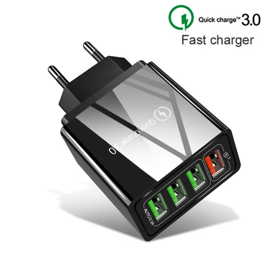 2 in 1 USB to USB-C / Type-C Data Cable + 30W QC 3.0 4 USB Interfaces Mobile Phone Tablet PC Universal Quick Charger Travel Charger Set, EU Plug(Black) by buy2fix