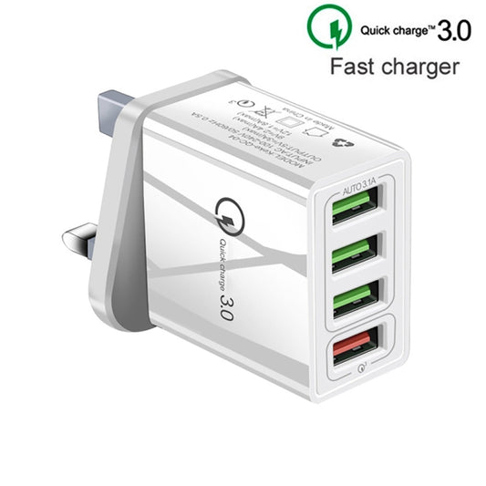 2 in 1 1m USB to USB-C / Type-C Data Cable + 30W QC 3.0 4 USB Interfaces Mobile Phone Tablet PC Universal Quick Charger Travel Charger Set, UK Plug(White) by buy2fix