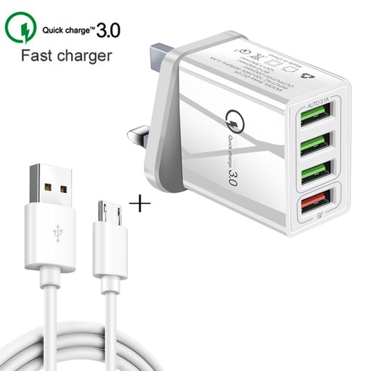 2 in 1 1m USB to Micro USB Data Cable + 30W QC 3.0 4 USB Interfaces Mobile Phone Tablet PC Universal Quick Charger Travel Charger Set, UK Plug(Black) by buy2fix