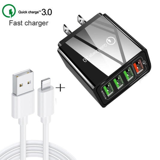 2 in 1 1m USB to 8 Pin Data Cable + 30W QC 3.0 4 USB Interfaces Mobile Phone Tablet PC Universal Quick Charger Travel Charger Set, US Plug(Black) by buy2fix