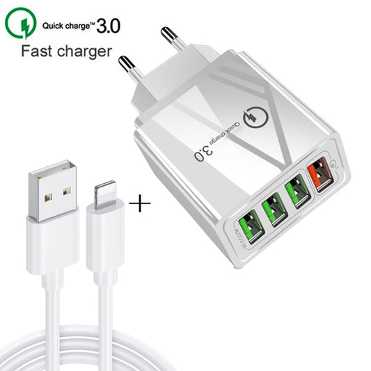2 in 1 1m USB to 8 Pin Data Cable + 30W QC 3.0 4 USB Interfaces Mobile Phone Tablet PC Universal Quick Charger Travel Charger Set, EU Plug(White) by buy2fix