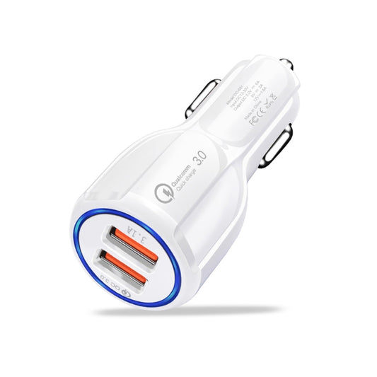 Qc3.0 Dual USB Car Charger + 8 Pin Fast Charging Line Car Charging Kit(White) by buy2fix