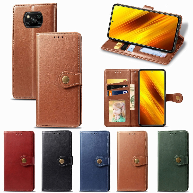 For Xiaomi Poco X3 NFC Retro Solid Color Leather Buckle Phone Case with Lanyard & Photo Frame & Card Slot & Wallet & Stand Function(Brown) by buy2fix