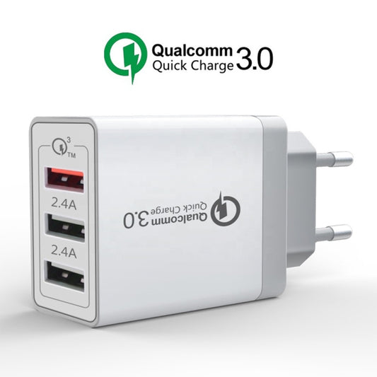 SDC-30W 2 in 1 USB to 8 Pin Data Cable + 30W QC 3.0 USB + 2.4A Dual USB 2.0 Ports Mobile Phone Tablet PC Universal Quick Charger Travel Charger Set, EU Plug by buy2fix