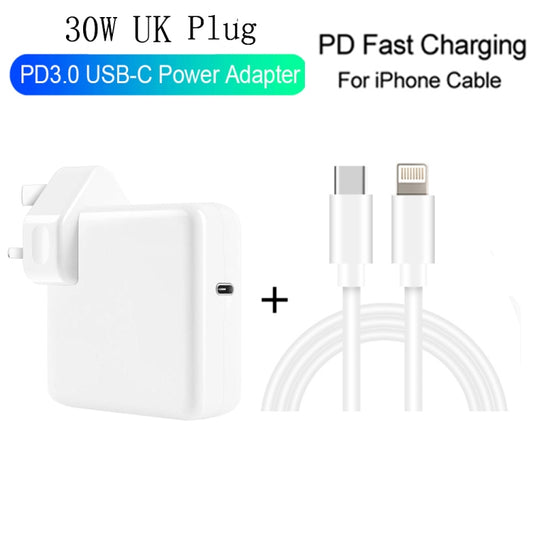 2 in 1 PD3.0 30W USB-C / Type-C Travel Charger with Detachable Foot + PD3.0 3A USB-C / Type-C to 8 Pin Fast Charge Data Cable Set, Cable Length: 2m, UK Plug by buy2fix