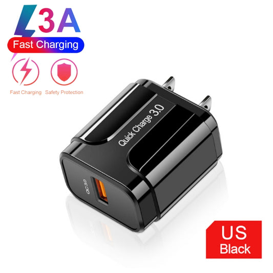 LZ-023 18W QC 3.0 USB Portable Travel Charger + 3A USB to 8 Pin Data Cable, US Plug(Black) by buy2fix
