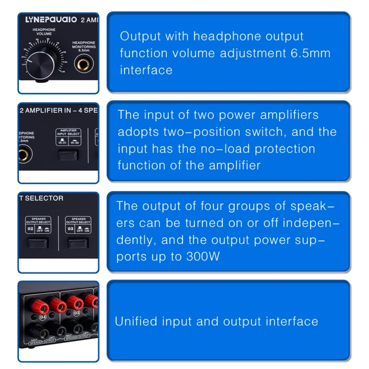 B032 2-in 4-out Power Amplifier Sound Switcher Speaker Lossless Sound Quality 300W Per Channel Switch Distributor Comparator with Headset Monitoring Function / Audio Input by buy2fix