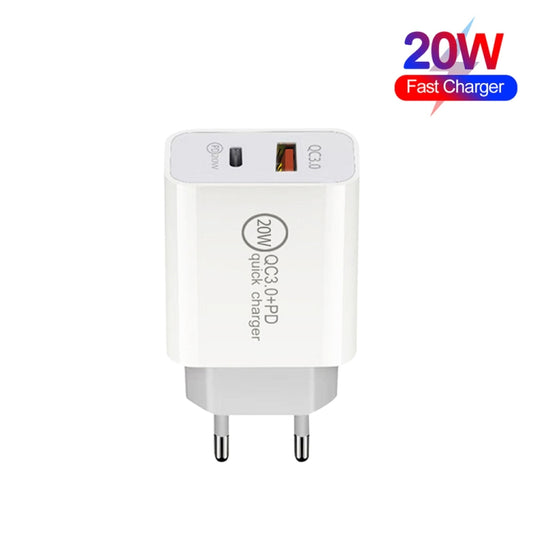 20W PD Type-C + QC 3.0 USB Interface Fast Charging Travel Charger with USB to 8 Pin Fast Charge Data Cable EU Plug by buy2fix