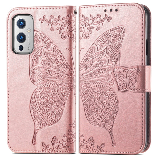 For OnePlus 9 Butterfly Love Flowers Embossed Horizontal Flip Leather Case with Holder & Card Slots & Wallet & Lanyard(Rose Gold) by buy2fix