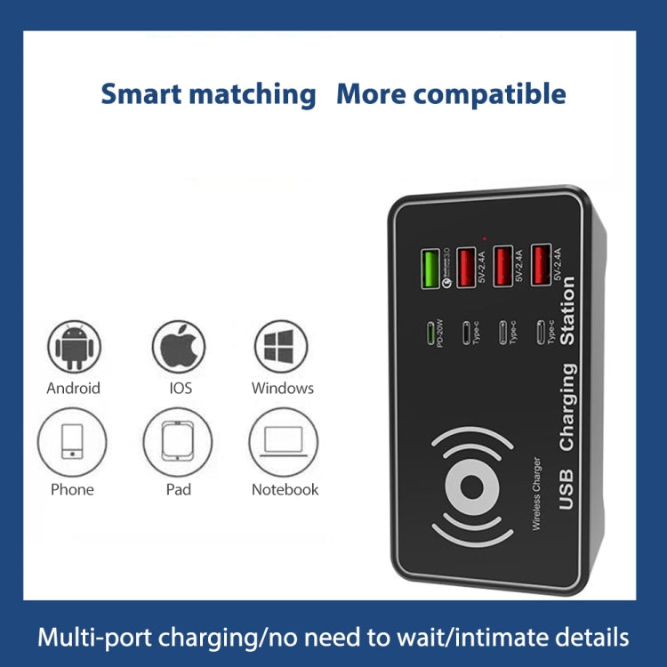 A7 High-power 100W 4 x PD 20W + QC3.0 USB Charger +15W Qi Wireless Charger Multi-port Smart Charger Station, Plug Size:US Plug by buy2fix