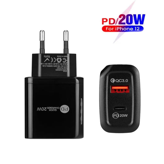 TE-PD01 PD 20W + QC3.0 USB Dual Ports Quick Charger with Indicator Light, EU Plug(Black) by buy2fix
