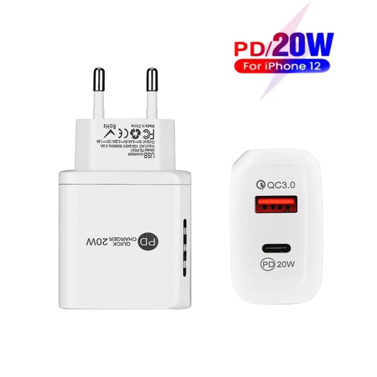 TE-PD01 PD 20W + QC3.0 USB Dual Ports Quick Charger with Indicator Light, EU Plug(White) by buy2fix
