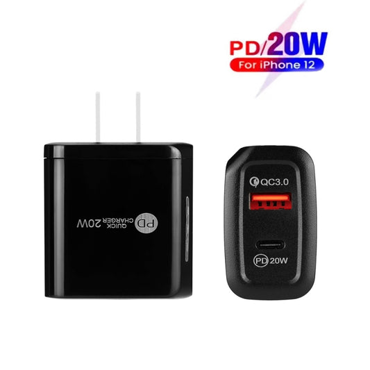 TE-PD01 PD 20W + QC3.0 USB Dual Ports Quick Charger with Indicator Light, US Plug(Black) by buy2fix